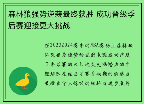 森林狼强势逆袭最终获胜 成功晋级季后赛迎接更大挑战