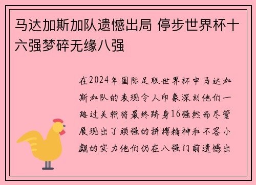 马达加斯加队遗憾出局 停步世界杯十六强梦碎无缘八强