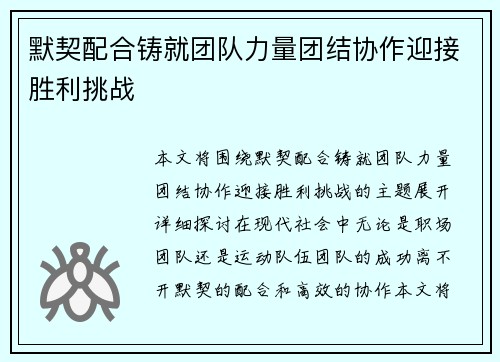默契配合铸就团队力量团结协作迎接胜利挑战