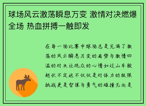 球场风云激荡瞬息万变 激情对决燃爆全场 热血拼搏一触即发