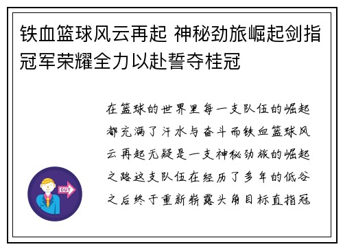 铁血篮球风云再起 神秘劲旅崛起剑指冠军荣耀全力以赴誓夺桂冠