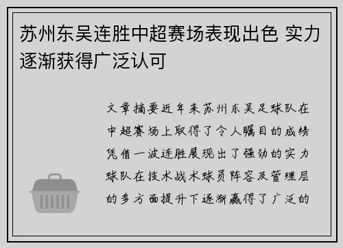 苏州东吴连胜中超赛场表现出色 实力逐渐获得广泛认可
