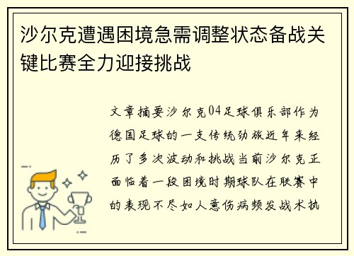 沙尔克遭遇困境急需调整状态备战关键比赛全力迎接挑战