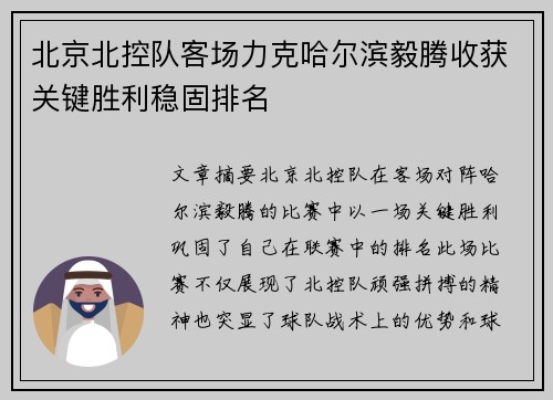 北京北控队客场力克哈尔滨毅腾收获关键胜利稳固排名