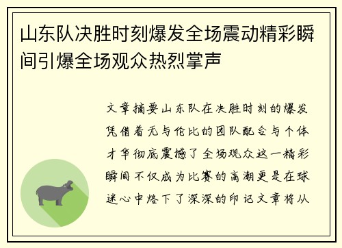 山东队决胜时刻爆发全场震动精彩瞬间引爆全场观众热烈掌声