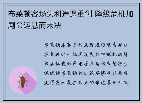 布莱顿客场失利遭遇重创 降级危机加剧命运悬而未决