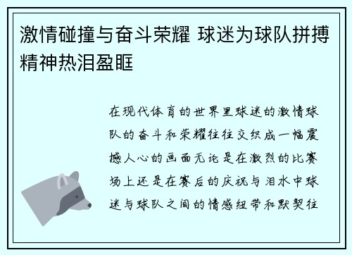 激情碰撞与奋斗荣耀 球迷为球队拼搏精神热泪盈眶