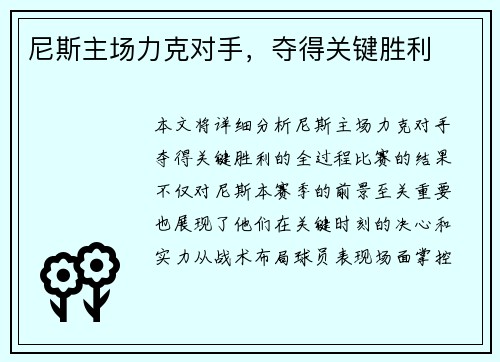 尼斯主场力克对手，夺得关键胜利