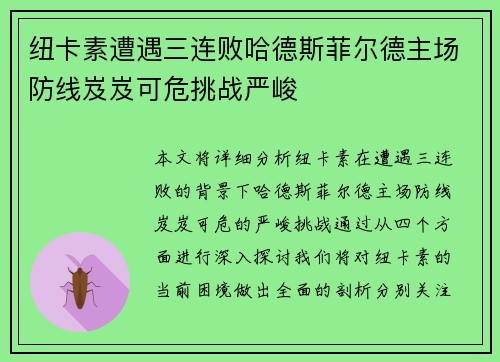纽卡素遭遇三连败哈德斯菲尔德主场防线岌岌可危挑战严峻