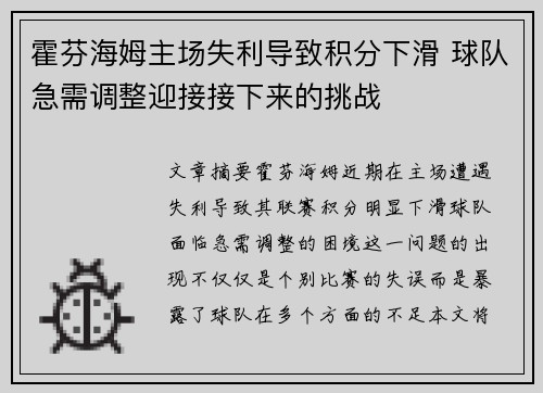 霍芬海姆主场失利导致积分下滑 球队急需调整迎接接下来的挑战